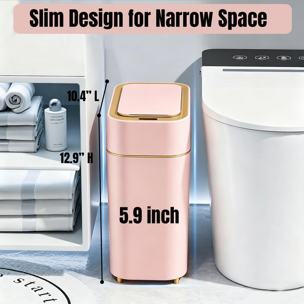 2-Pack Automatic Bathroom Trash Can with Lid, Slim Motion Sensor Garbage Can, Waterproof Touchless Trash Bin, Smart Trashcan for Bedroom, Living Room, Narrow Space, 2.3 Gallon, Pink+Gold Trim