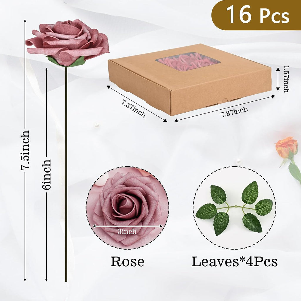 BLEUM CADE 16Pcs Artificial Flowers Fake Foam Roses with Stems for Wedding