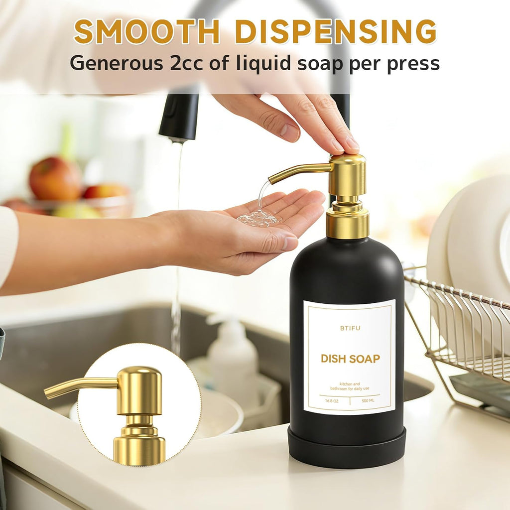 Kitchen Soap Dispenser Set – 16.8oz/500ml Glass Hand and Dish Soap Dispenser with Stainless Steel Pumps & Non-Slip Silicone Base, Luxury Countertop Decor for Home, Airbnb, Hotel (Black & Gold)
