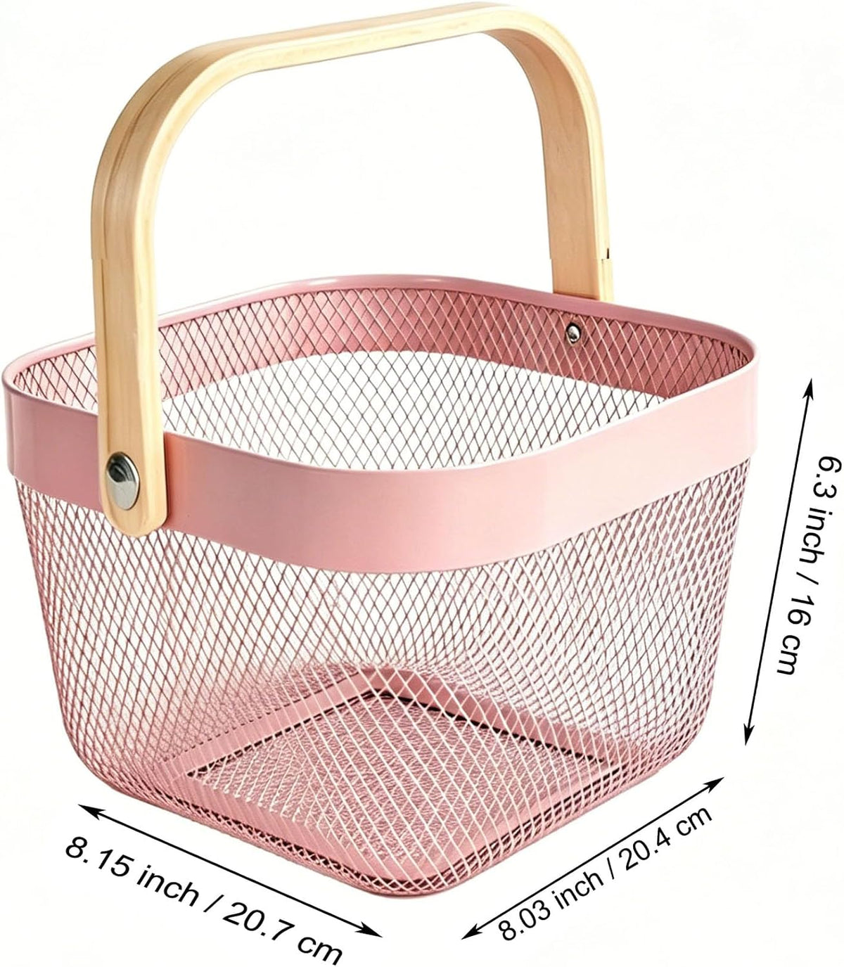AJIODA Metal Mesh Wire Basket, Small Steel Basket with Wooden Handle Storage Organizer Basket Multi-functional Hanging Kitchen Baskets Fruit Baskets for Kitchen Bathroom Cabinet Pantry, Rose Pink