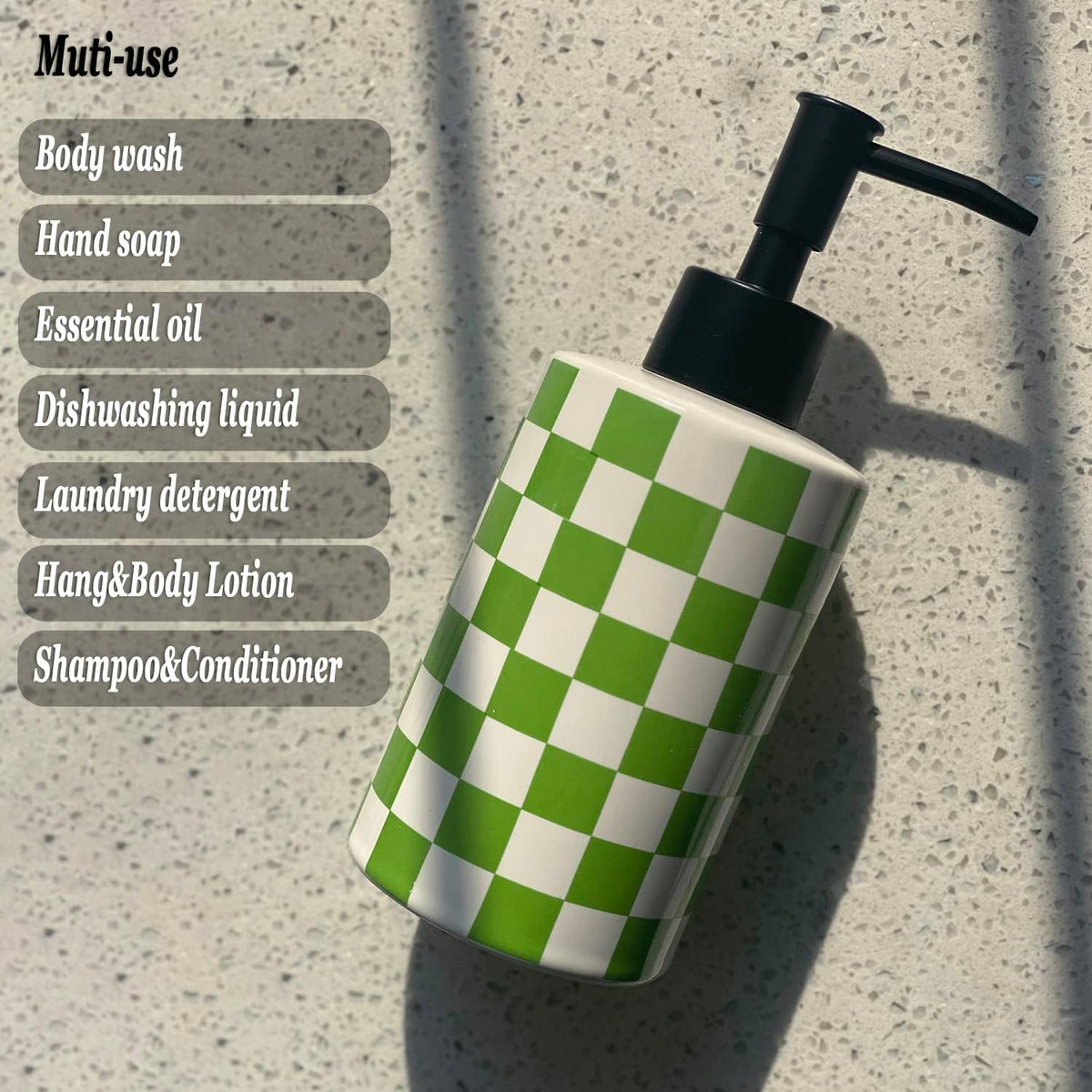 Bathroom Soap Dispenser with Matte Black Pump White Ceramic Soap Dispenser for Kitchen Checkerboard Empty Pump Bottle (Green)