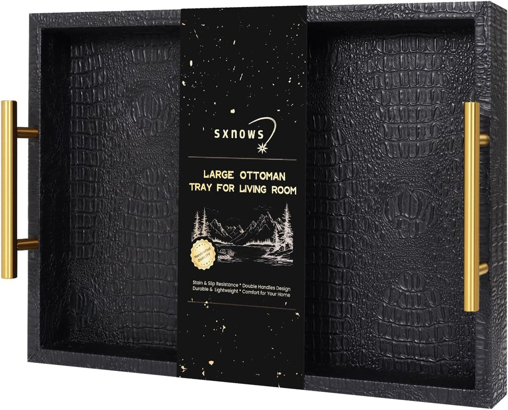 SXNOWS Faux Leather Serving Tray with Gold Handles, Black