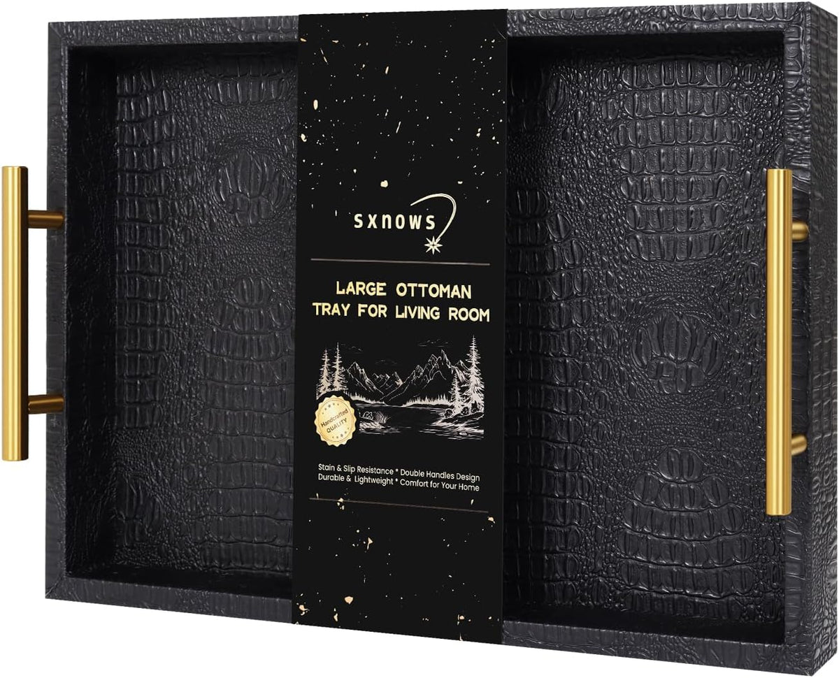 SXNOWS Faux Leather Serving Tray with Gold Handles, Black