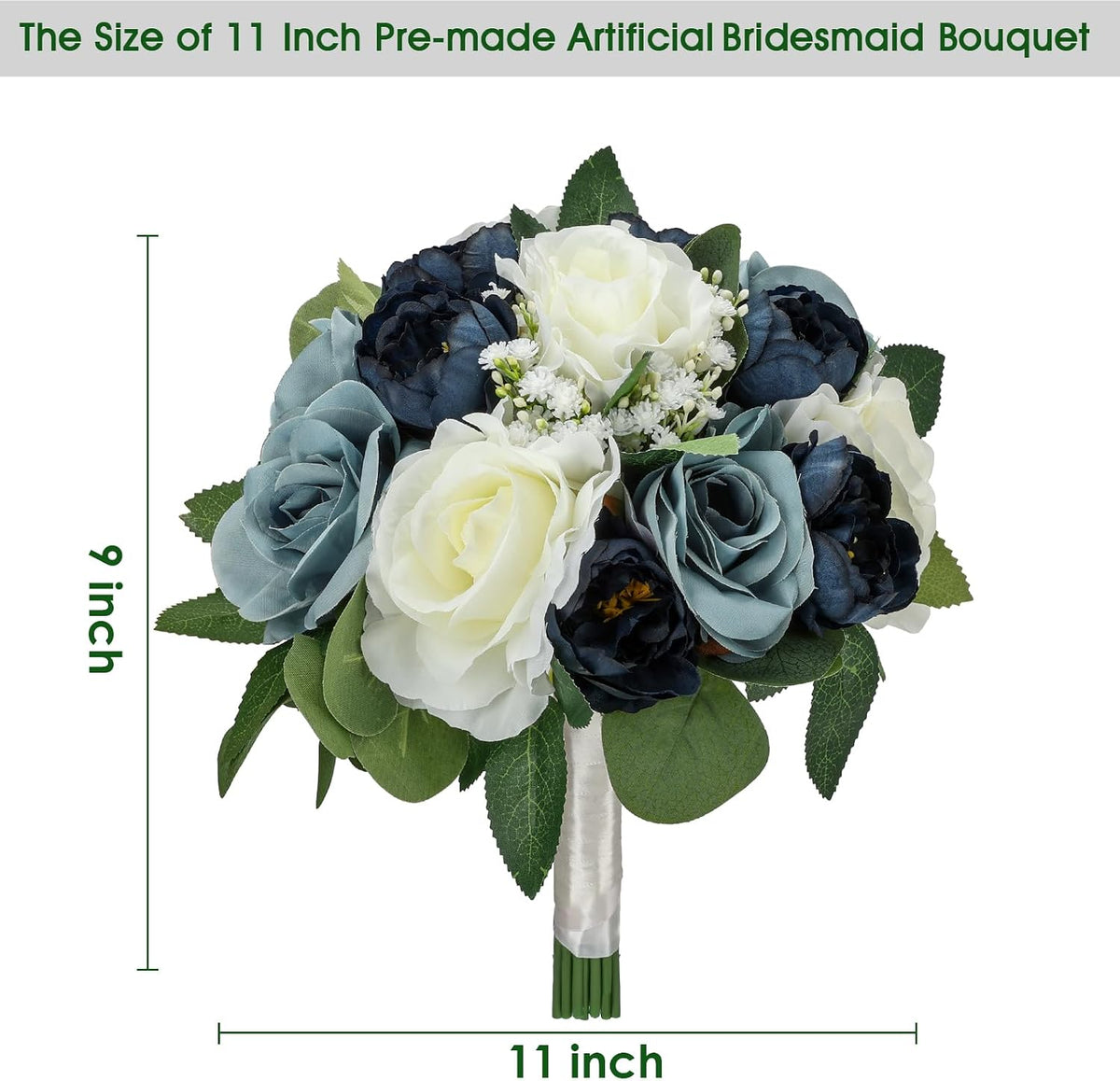 Set of 4 Bridesmaid Bouquets, 11 Inch Navy & Dusty Blue & White