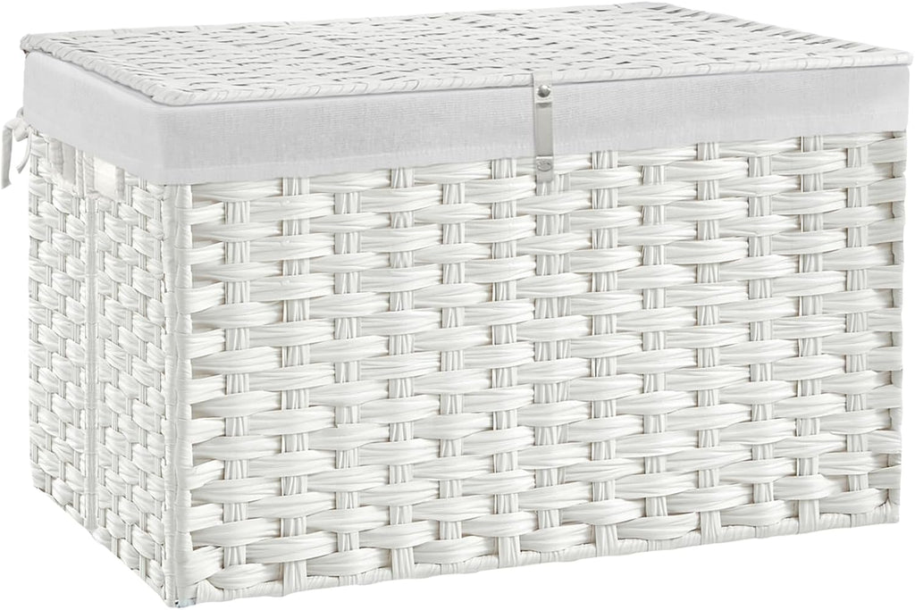 180L Wicker Storage Basket with Lid, Handwoven Rattan Large Shelf Basket with Removable Liner, 47.6 Gallon Wicker Basket for Blanket, Storage Trunk with Handle for Closet, Bedroom, Livingroom, White