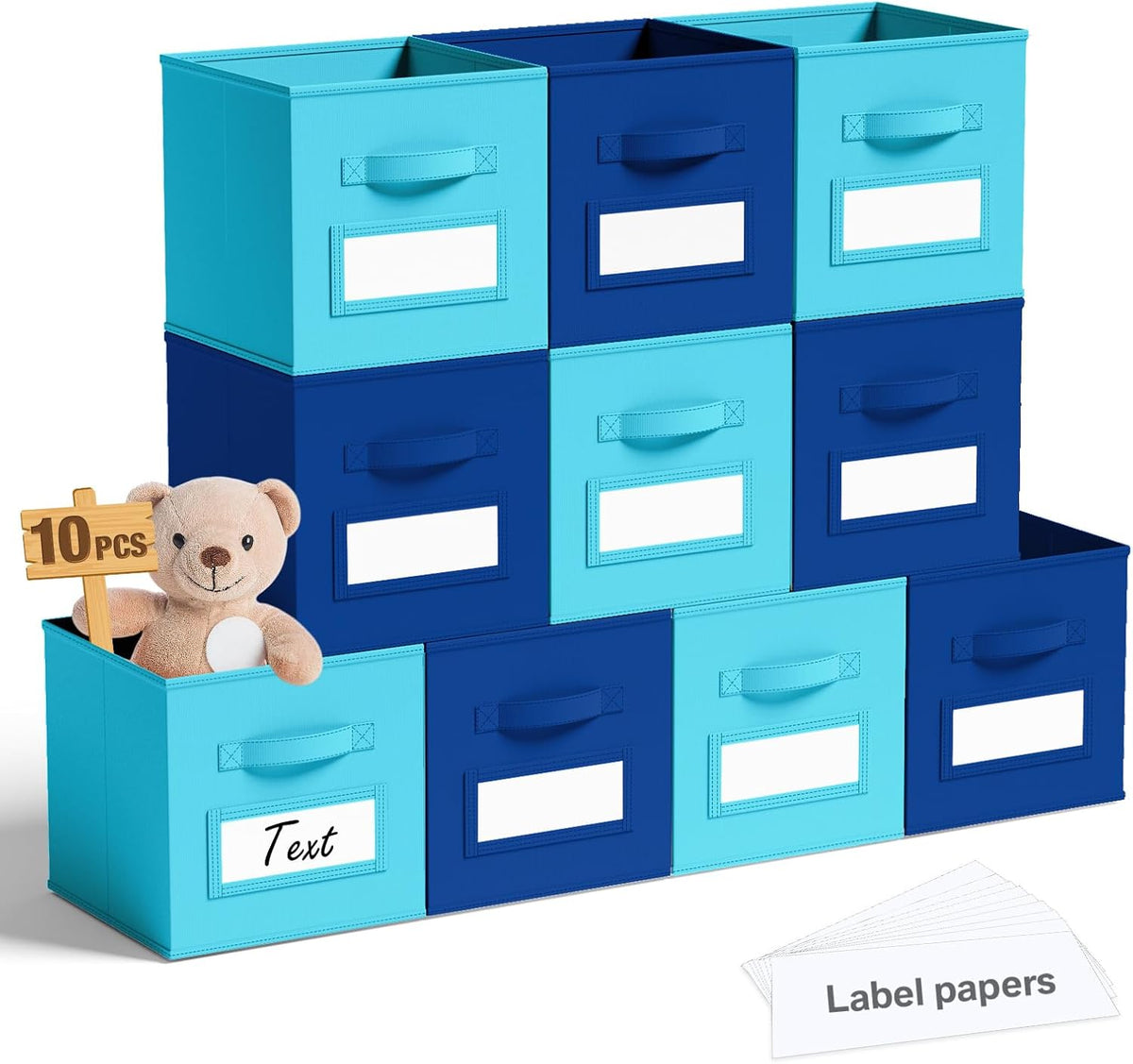 10 Pack Fabric Storage Cubes with Label 11" Collapsible Cube Bins, Blue