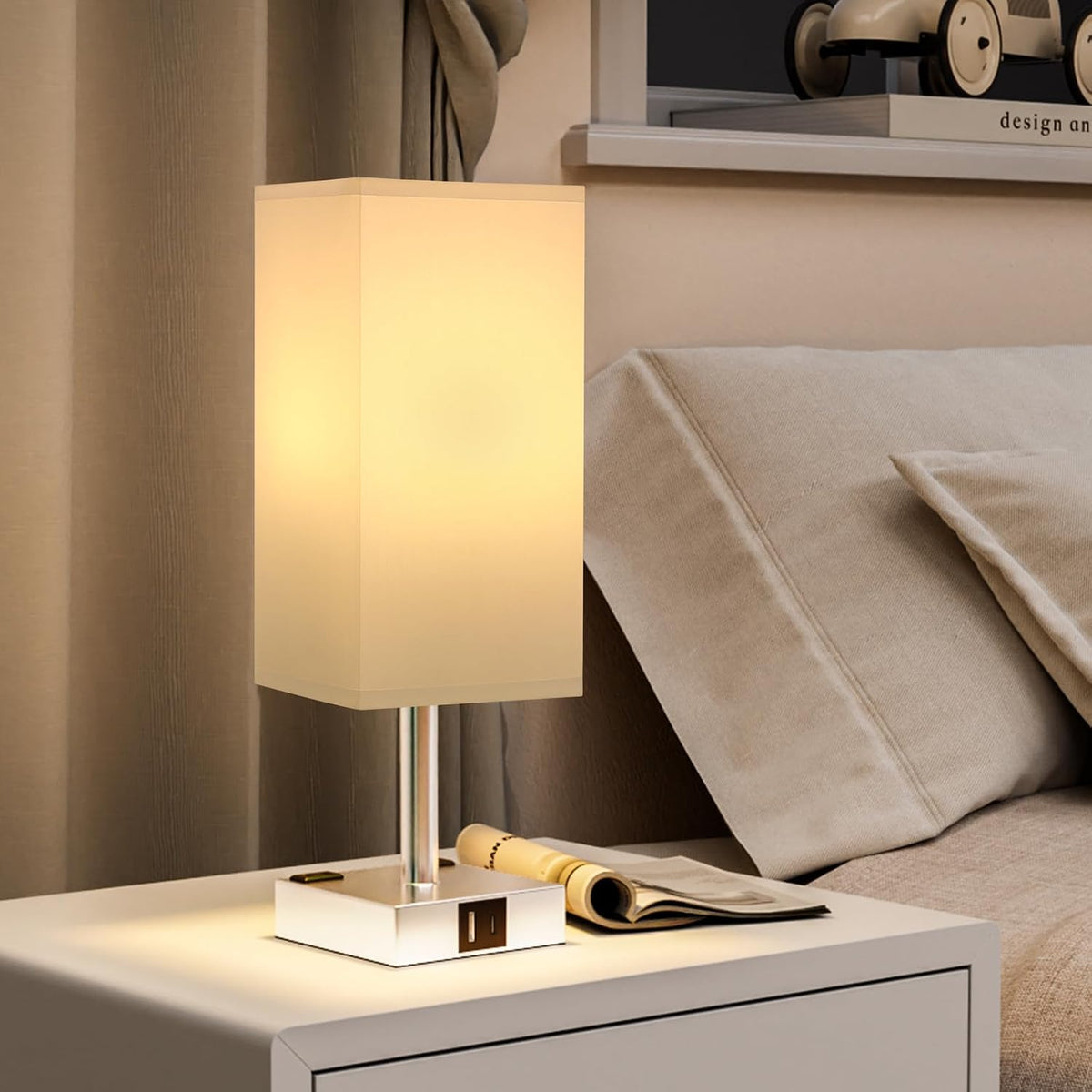 White Touch Table Lamp for Bedroom - Dimmable, USB C+A, 2 AC Outlets