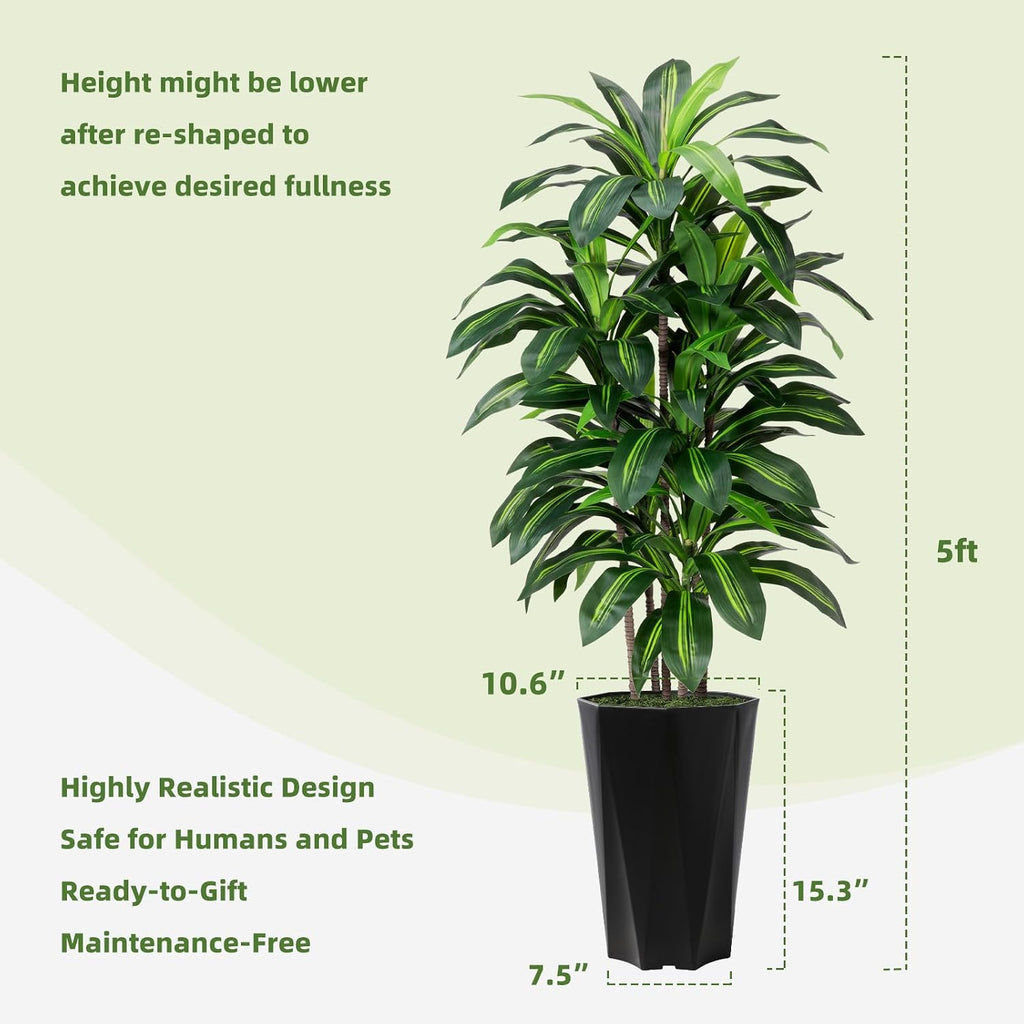 Artificial Dracaena Plant Indoor 5FT Fake Tree with White Diamond Planter Faux Yucca Tall Fake Floor Plant in Pot Artificial Trees for Home Office Living Room Decor Indoor