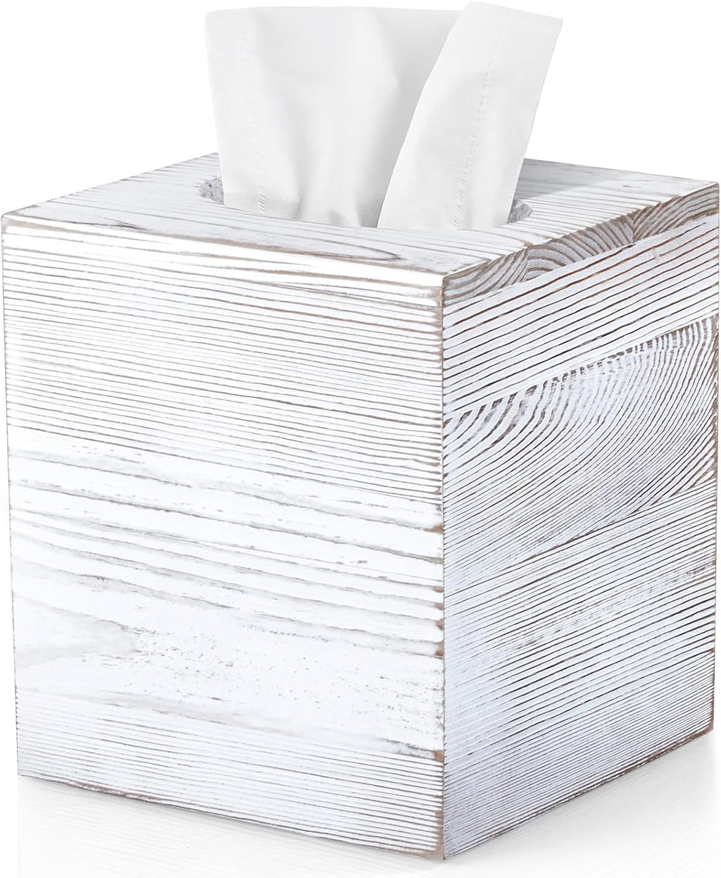 Wood Tissue Box Cover Square - Wooden Tissue Box Holder for Tabletop Night Stands Bathroom Office - Decorative White Facial Cube Tissue Box Cover