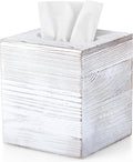Wood Tissue Box Cover Square - Wooden Tissue Box Holder for Tabletop Night Stands Bathroom Office - Decorative White Facial Cube Tissue Box Cover
