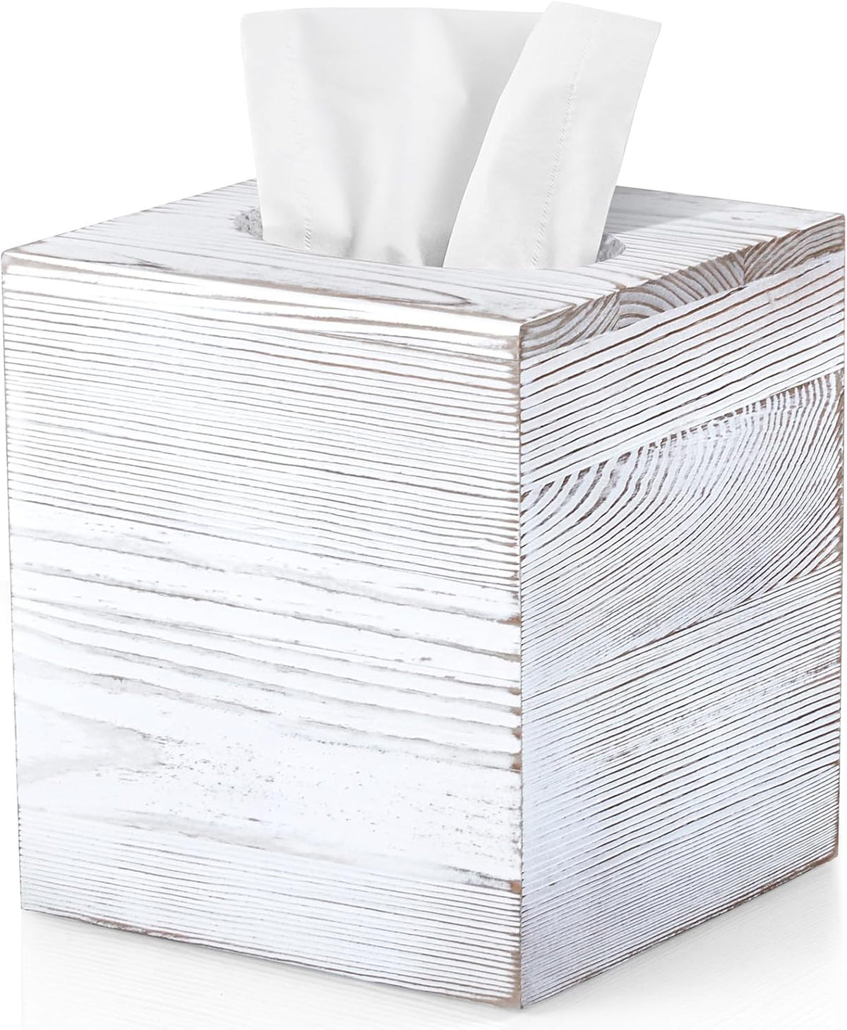Wood Tissue Box Cover Square - Wooden Tissue Box Holder for Tabletop Night Stands Bathroom Office - Decorative White Facial Cube Tissue Box Cover