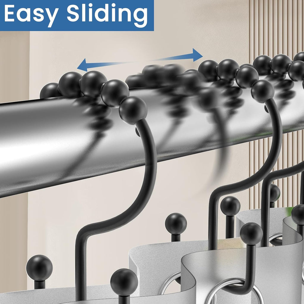 Shower Curtain Hooks Rings, Rust Proof Stainless Steel Shower Curtain Hooks Double Sided for Bathroom Shower Rods Curtains, Set of 12, Black