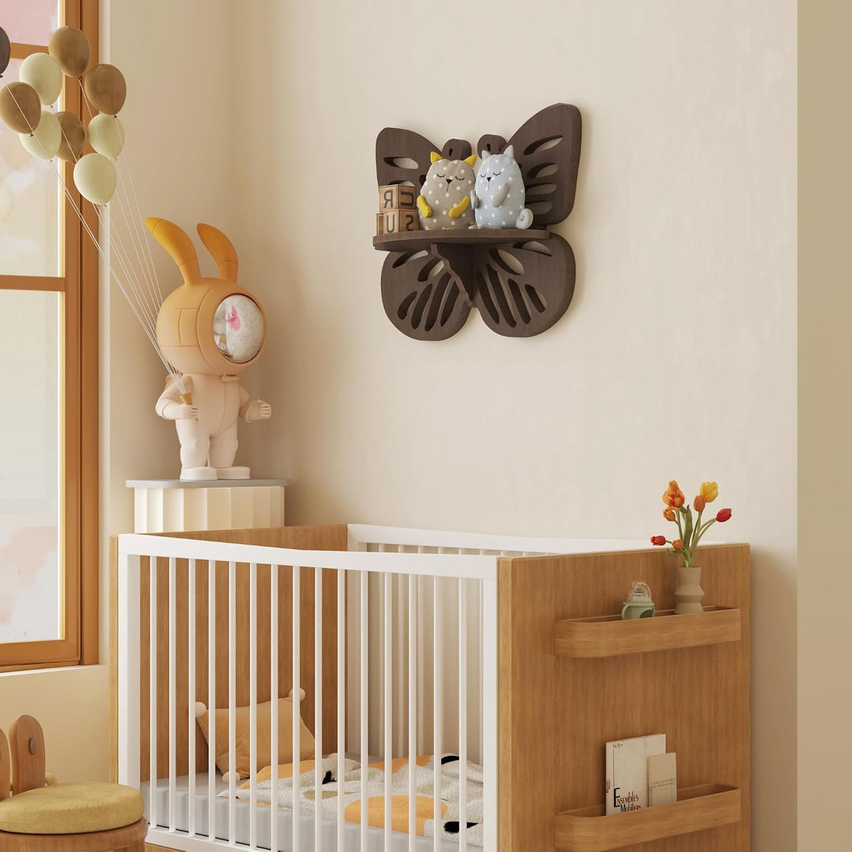 Butterfly Shaped Nursery Wall Deor, Solid Wood Floating Shelves, Small Decorative Shelf Wall Mounted, Cute Display Rack for Kid’s Room, Hanging Wall Shelf for Toys, Plants and Decorations Storage