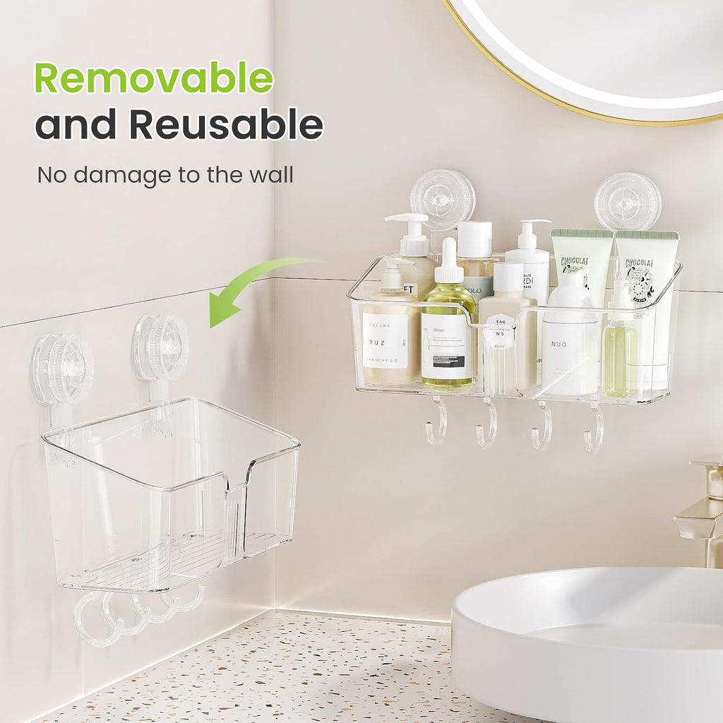 LUXEAR Shower Caddy Suction Cup, No Drilling Strong Hold Shower Organizer with Hooks & Soap Dish Fast Draining Removable Reusable Bathroom Storage Shelf Friendly for Bathroom/Kitchen/RV 22LBS Capacity