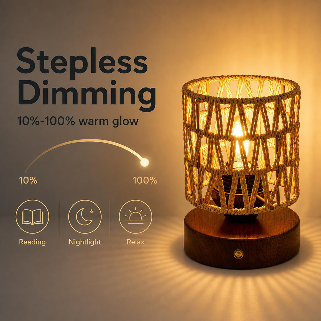Cordless Operated Rattan Lamp, 5000mAh Rechargeable Dimmable Handwoven Open Weave Drum Table Lamp with Edison Bulb, Boho Nightstand Light for Bedroom Home Decor