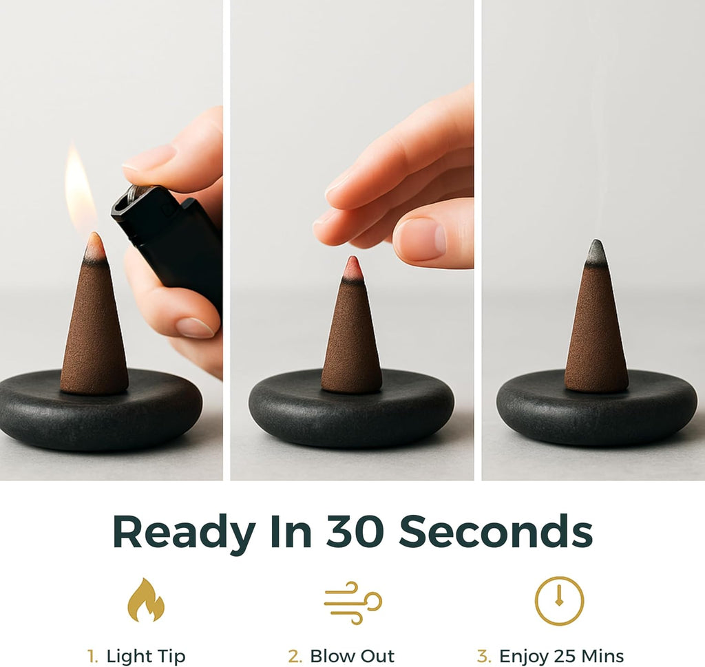 Fumino Black Noir Incense Cones 45 Pack - Handmade Natural Masala Incense Cones for Meditation & Home Fragrance, Low-Smoke Deep Woody & Musky Scent, Bureau Veritas Certified