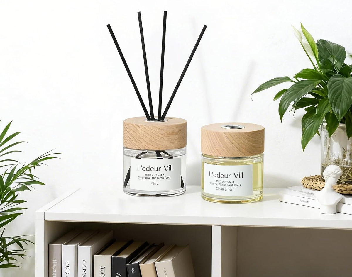L'odeur Vill Reed Diffuser Set,Mint and Fruit 3.4 fl oz(100 ml) Oil Diffuser with 6 Reed Sticks, Home Fragrance Reed Diffuser for Bathroom Shelf Decor Scent Diffuser