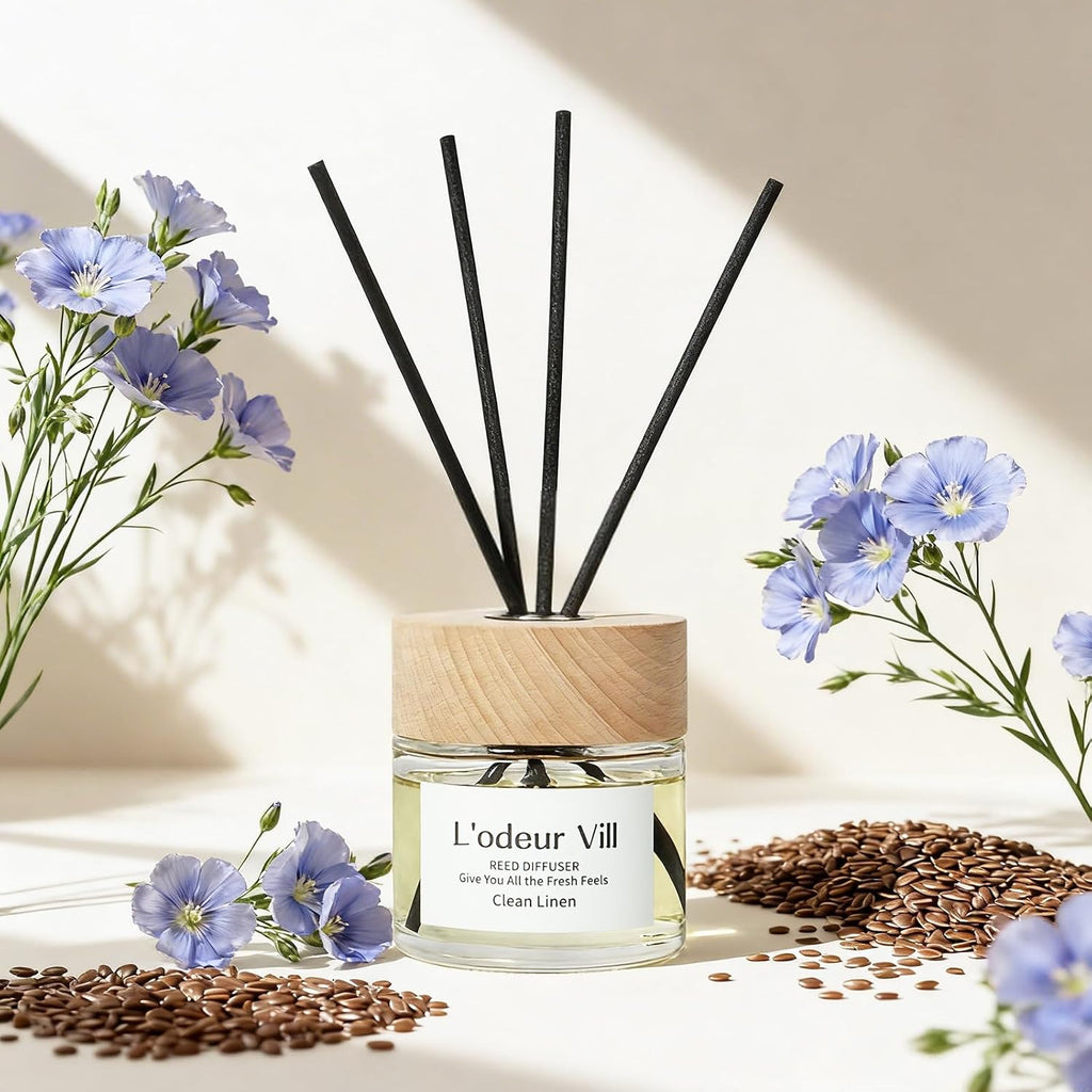 L'odeur Vill Reed Diffuser Set,Clean Linen 3.4 fl oz(100 ml) Oil Diffuser with 6 Reed Sticks, Home Fragrance Reed Diffuser for Bathroom Shelf Decor Scent Diffuser