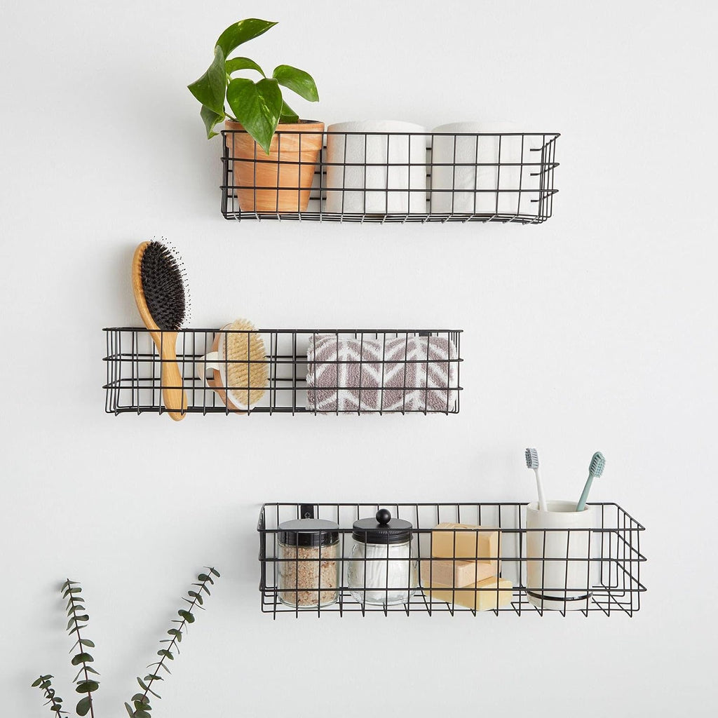 Farmlyn Creek Wall Storage Basket Organizer - Black Metal 3-Piece Set (Small, Medium & Large) - Wire Baskets for Wall - Space-Saving Kitchen & Bathroom Storage