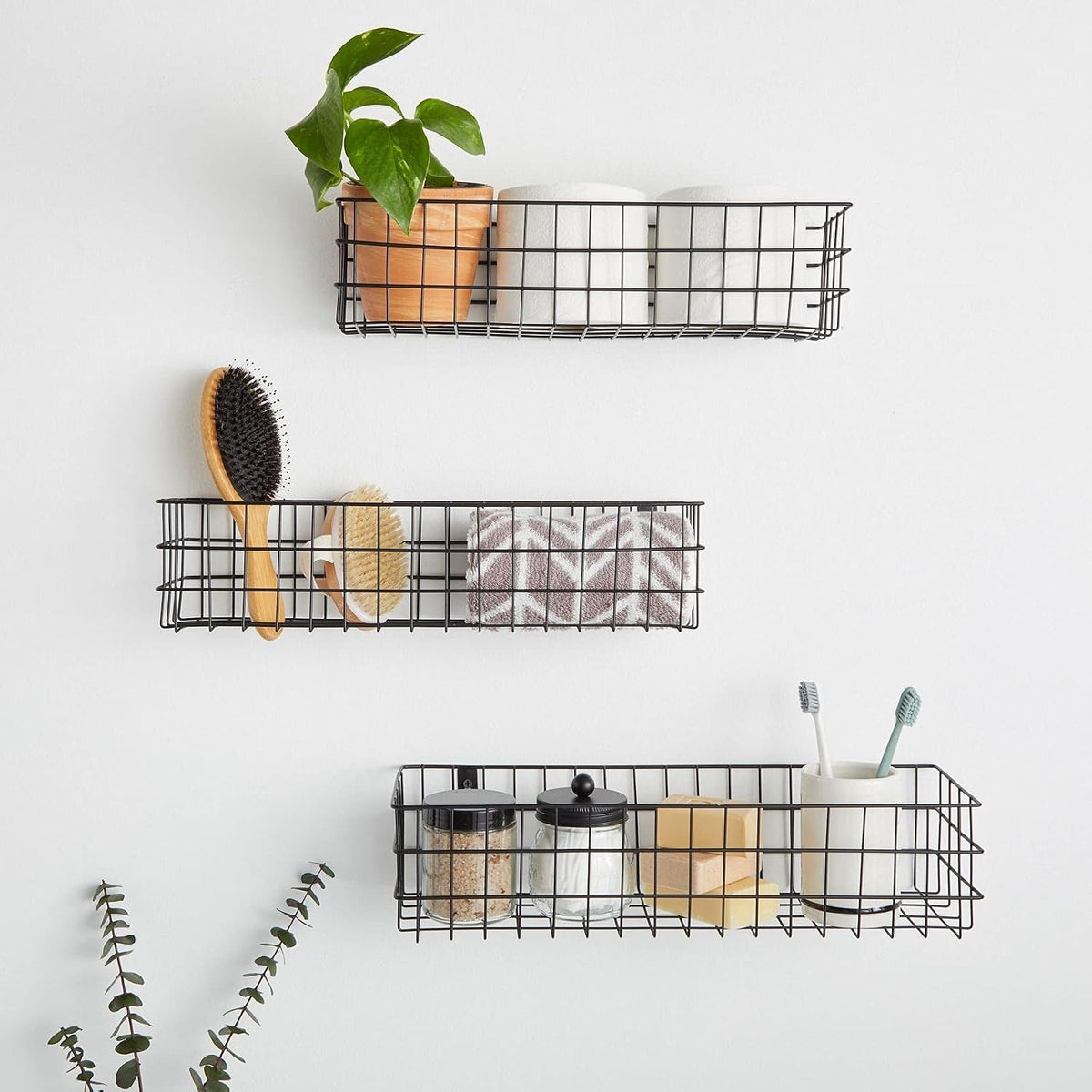 Farmlyn Creek Wall Storage Basket Organizer - Black Metal 3-Piece Set (Small, Medium & Large) - Wire Baskets for Wall - Space-Saving Kitchen & Bathroom Storage