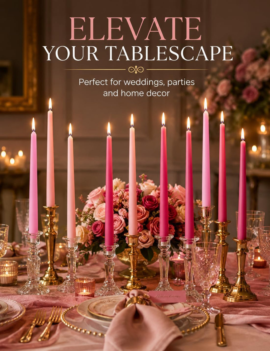 6 Hot Pink 6 Pink 10 Inch Taper Candles for Wedding Valentine's Day