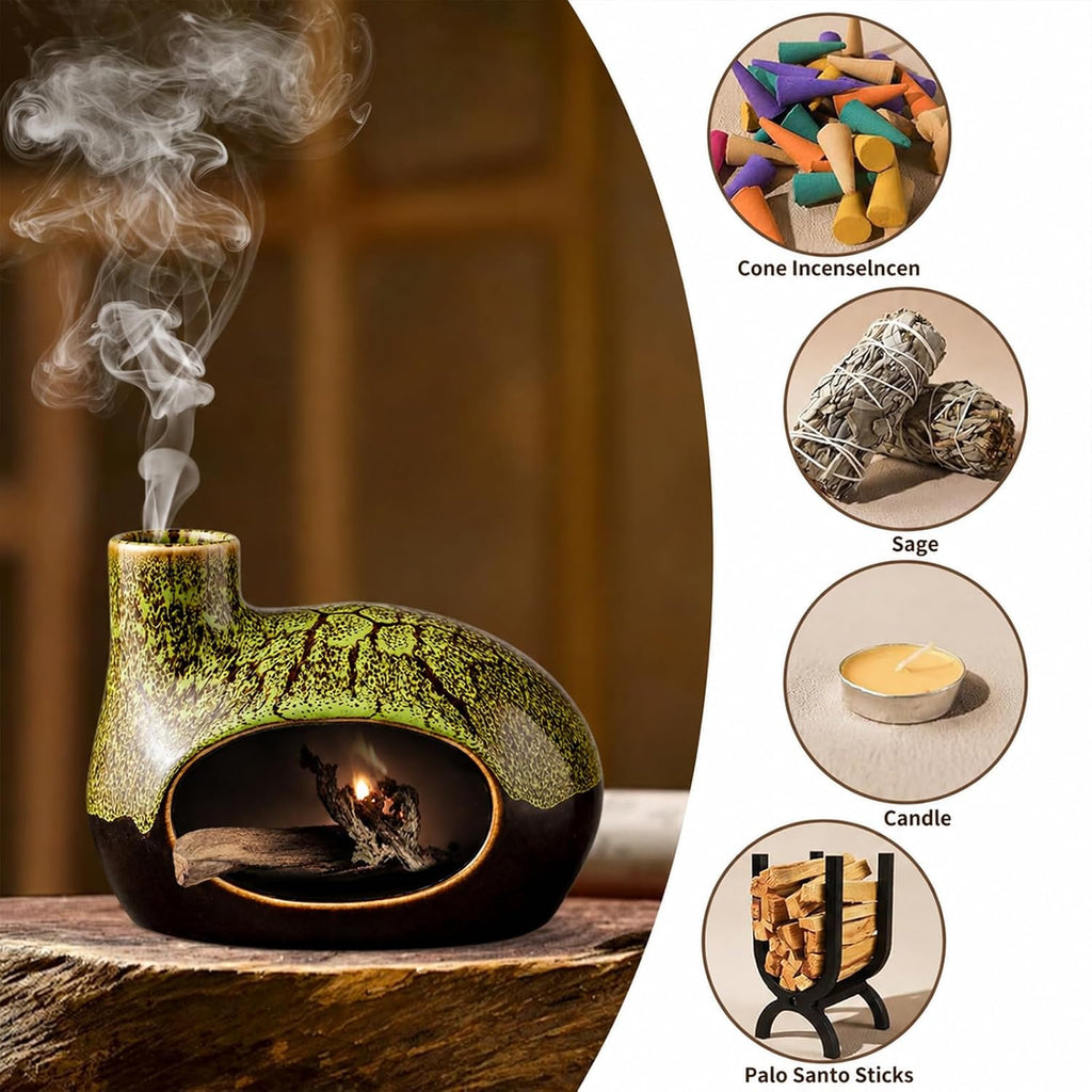 Handcrafted Ceramic Palo Santo Holder – Artistic Incense Burner for Meditation, Mindfulness and Zen Home Decor – Wabi-Sabi Style Cone Sculpture, Gift for Yoga, Relaxation & Aromatherapy (Green)