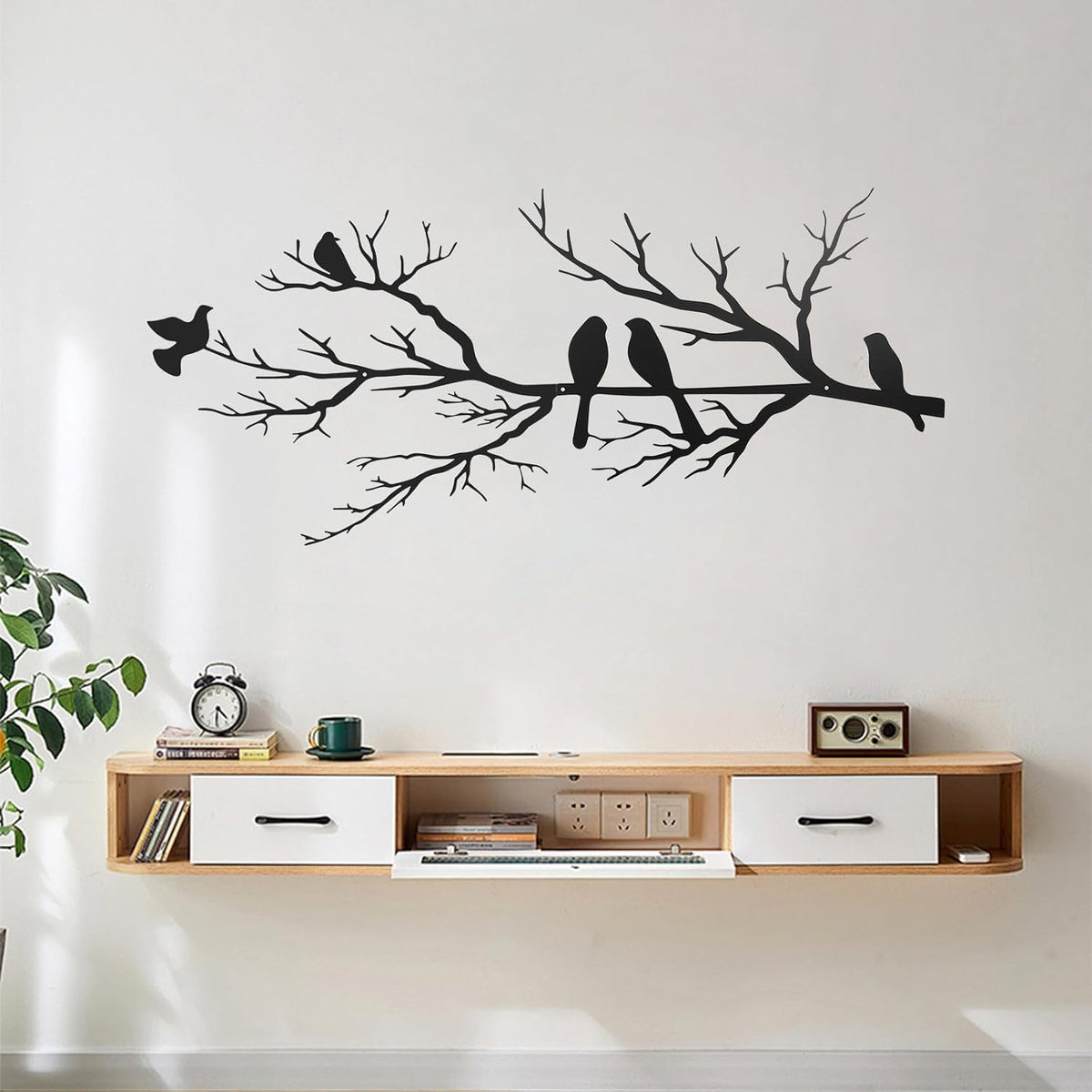 KINMAD Birds Metal Wall Decor Art - Outdoor Metal Hanging Wall Sculpture with Elegant Tree Branch - Wall Decor for Home Balcony Garden Living Room - Black (Large)