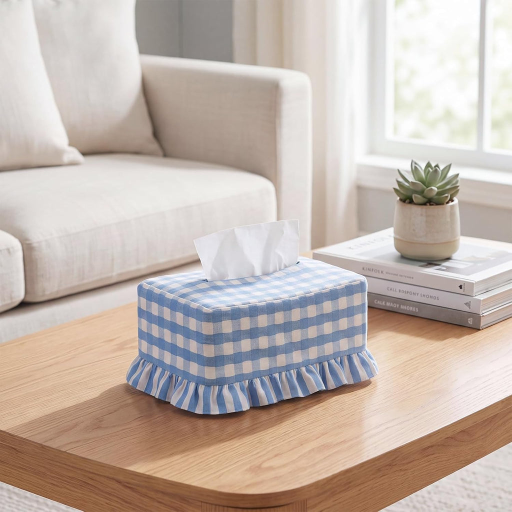 Blue Gingham Ruffle Tissue Box Cover, Rectangle