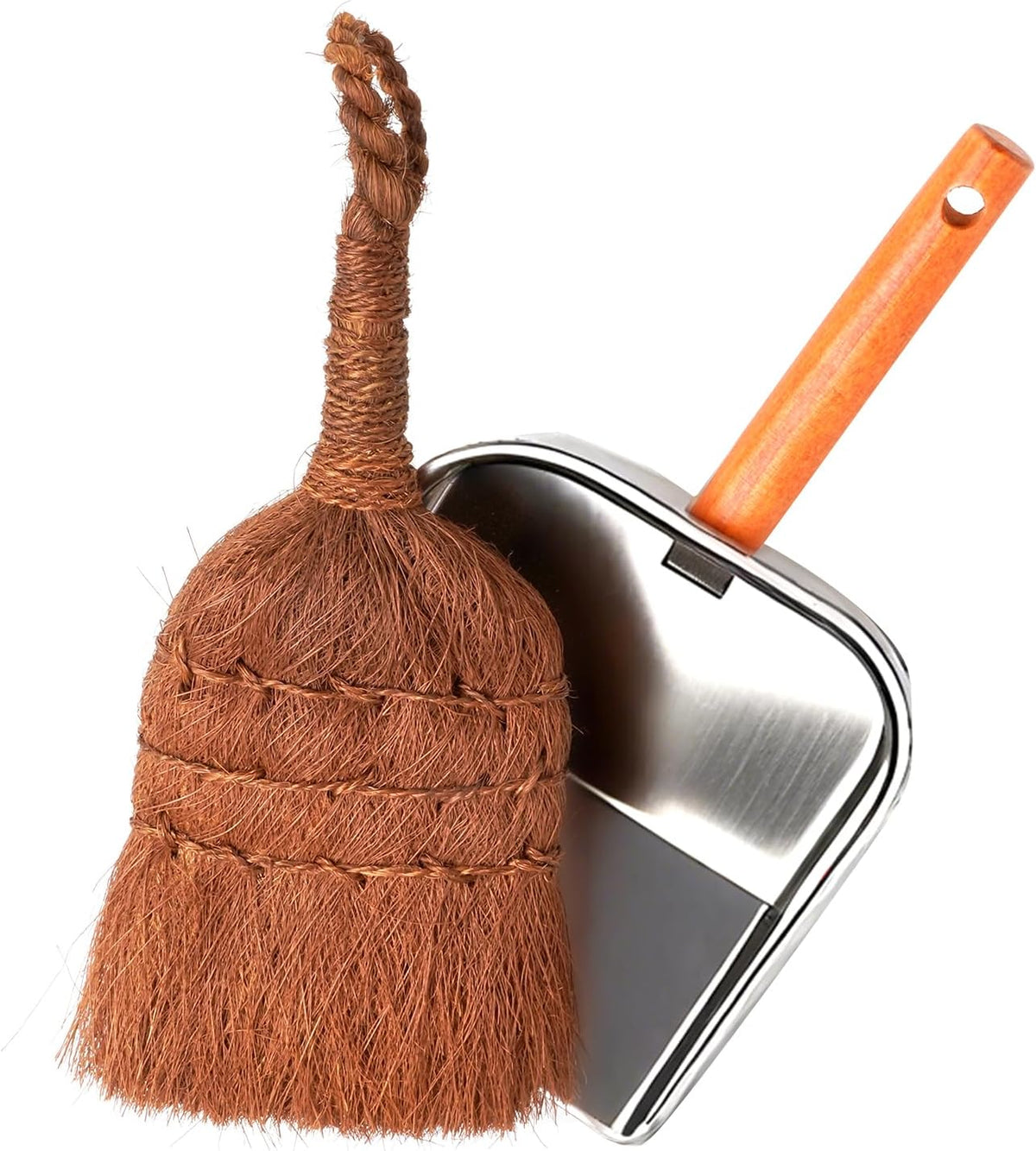 Mini Metal Dustpan and Brush Set, Dustpan and Natural Palm Fiber Hand Broom