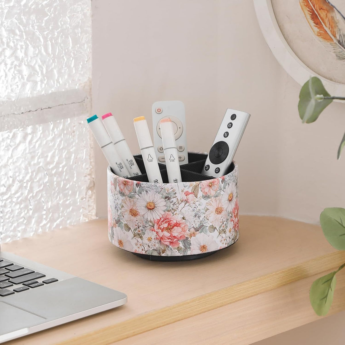 Spinning Remote Caddy for Table, 360 Degree Rotating Desk Organizer and TV Remote Holder, Decorative PU Leather Storage Basket for Bedside, Coffee Table, and Office Stationery, Peony PH128