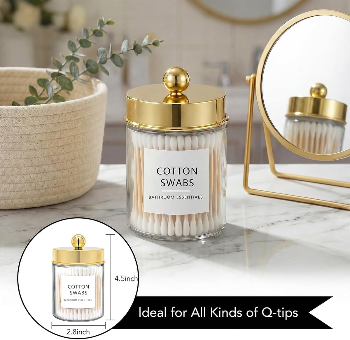Amolliar Glass Apothecary Jars Qtip Holder w/Plastic Lids, Gold 4pc