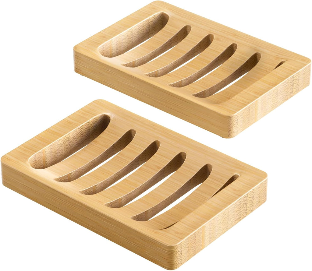 AmazerBath Soap Holder Soap Dish, Bamboo Soap Dish, 2 Pack Wood Bar Soap Holder for Shower, Trays Self Draining, Soap Saver for Shower, Bathroom, Kitchen(Natural Color)