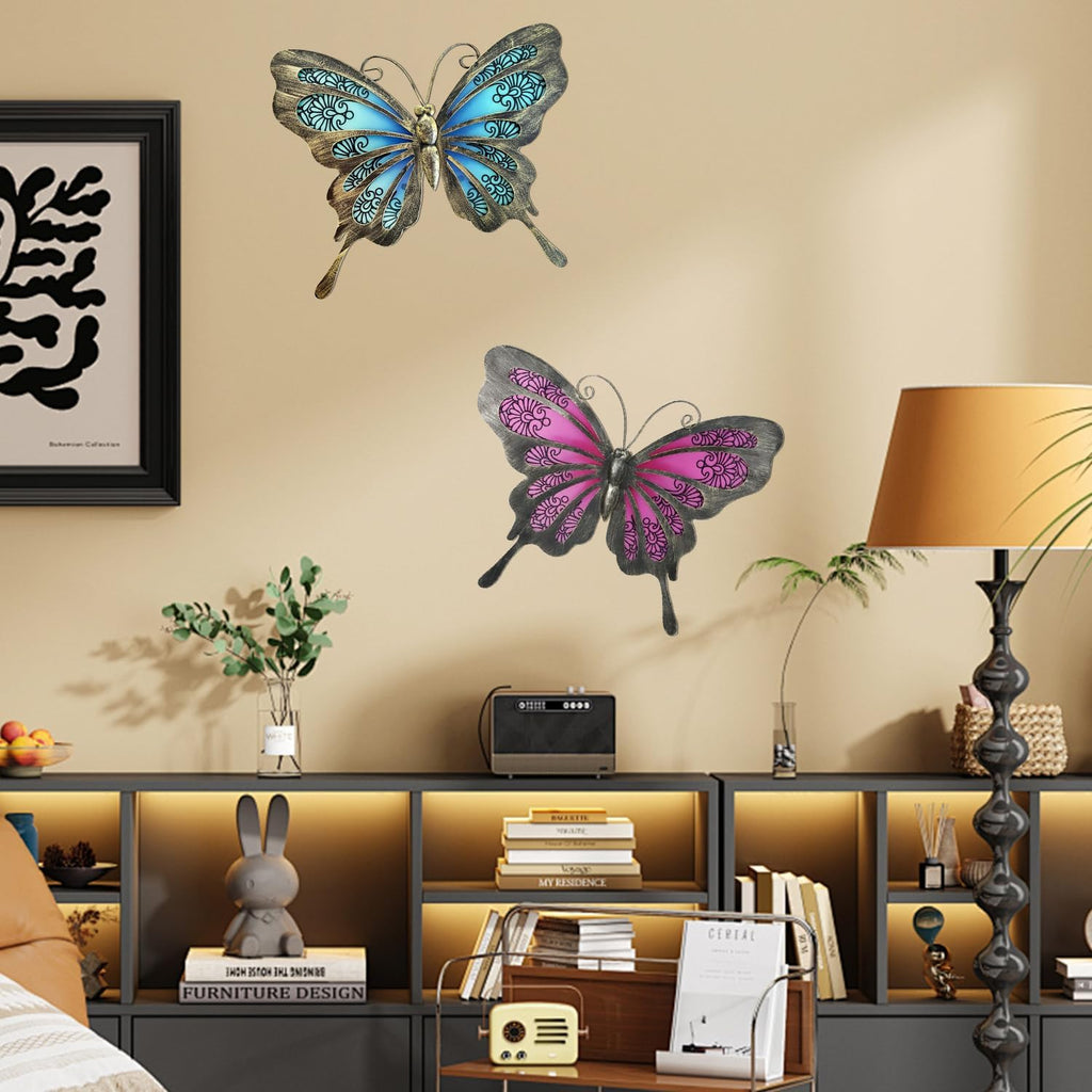LIFFY Metal Butterfly Wall Decor,2Pack 12" Glass Butterfly Outdoor Wall Art Sculptures,Hanging Garden Decor Outside for Home,Yard,Fence,Patio