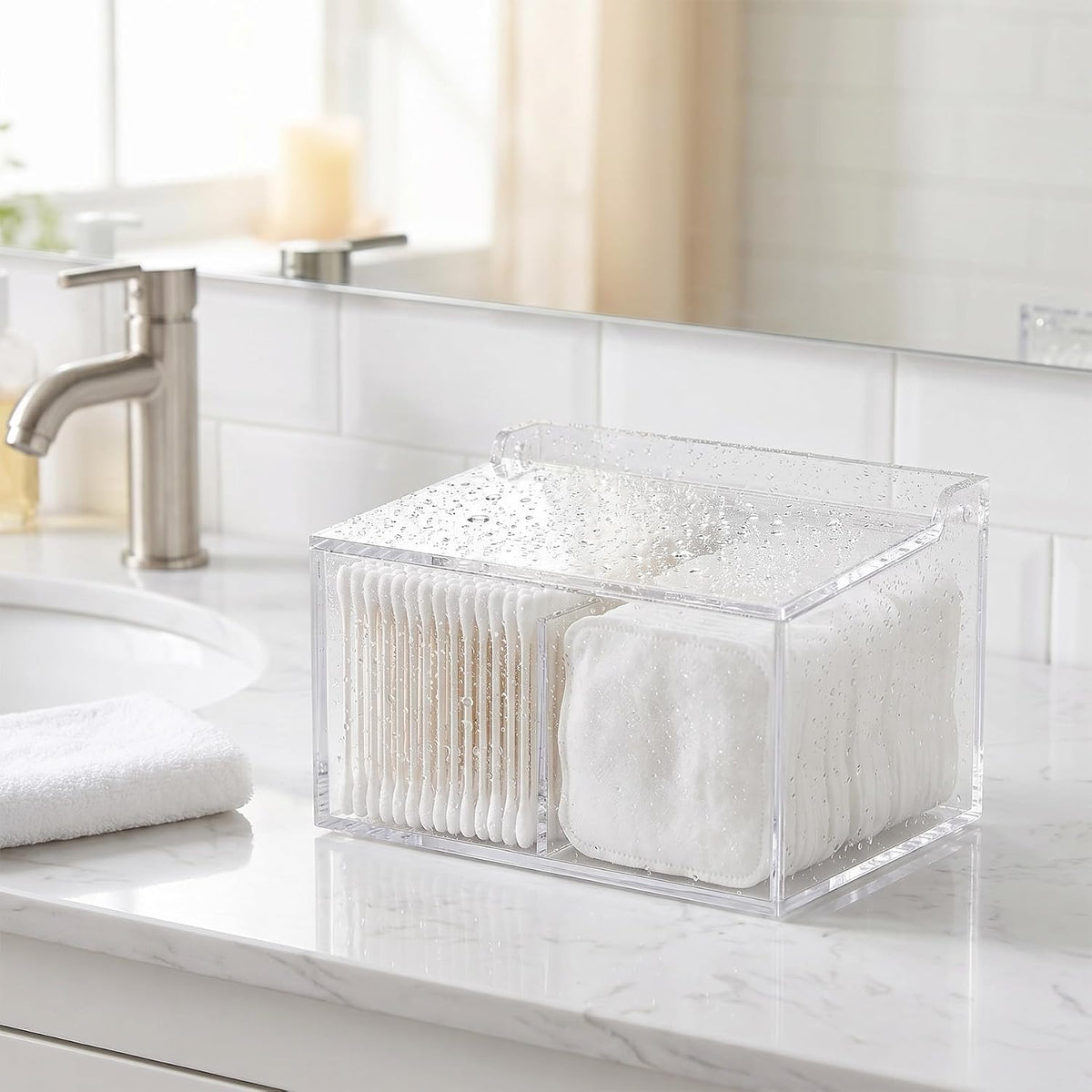 Clear Acrylic Qtip Holder Cotton Swab Ball Holder Qtip Organizer for Clean Skin Club Clean² Pads Cotton Pad and Swab Dispenser 2-Compartment with Flip-Top Lid, Bathroom Organizer