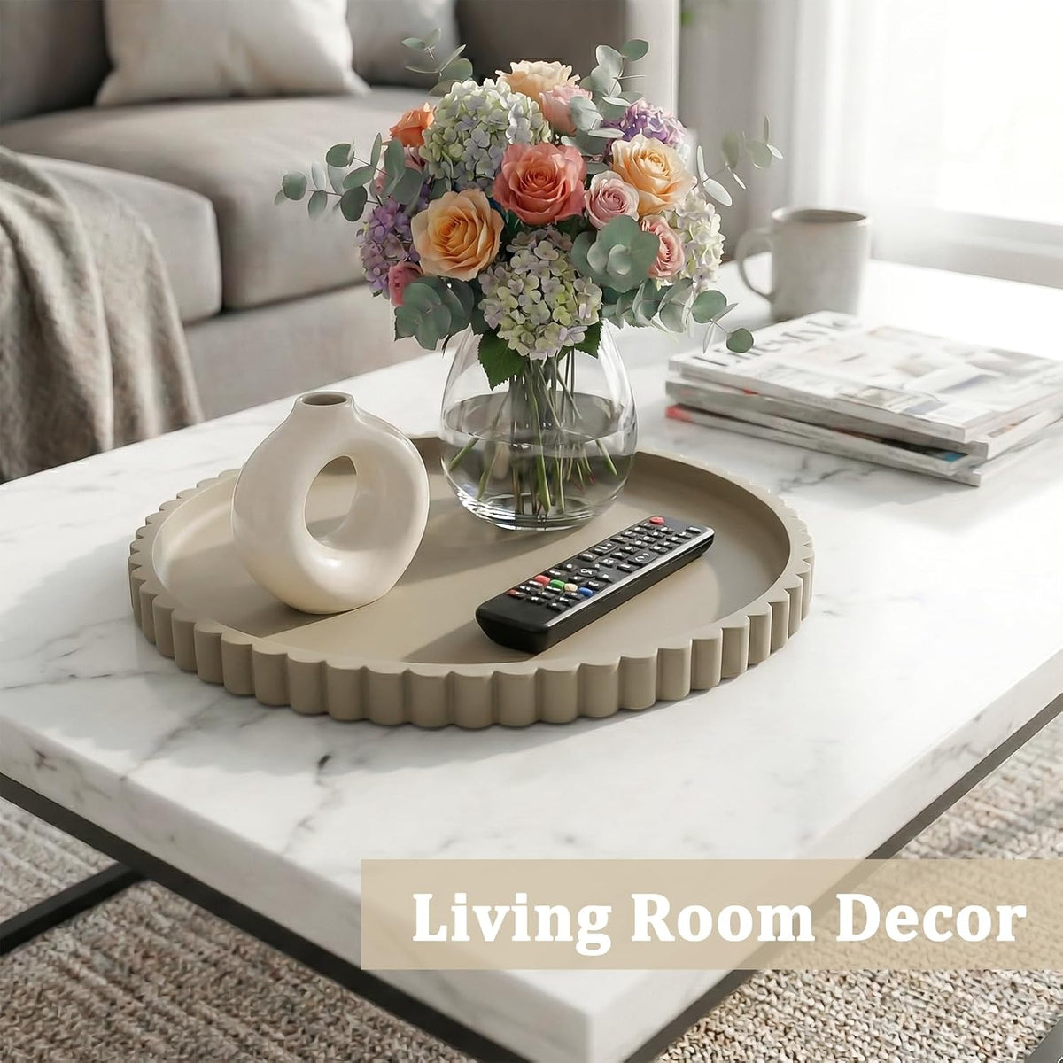 Silicone Bathroom Vanity Tray, Modern Round Decorative Tray for Countertop, Waterproof & Unbreakable Cosmetic Perfume Organizer, Extra-Thick & Sturdy, Easy to Clean Candle Tray (Khaki, 10 inch)