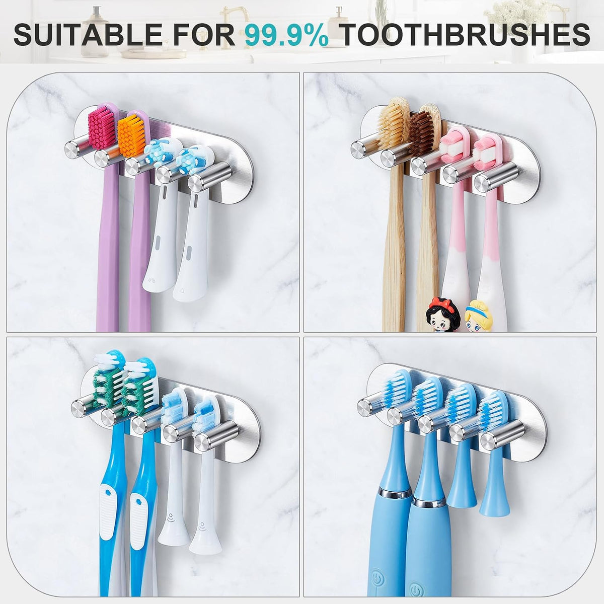 Electric Toothbrush Head Holder, Toothbrush Holders Wall Mounted, Adhesive Tooth Brush Head Holder Organiser, Electric Toothbrushs Holder, Shower Tooth Brushing Holder (Silver, Large)
