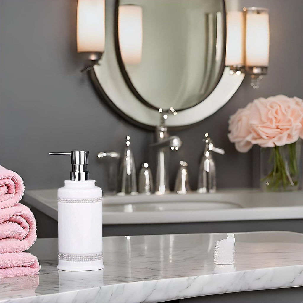 17 OZ Hand Liquid&Lotion Soap Dispenser Pump Bottle Ceramic White for Kitchen Bathroom Countertop Laundry Room Holds Dish Soap Shampoo Laundry Liquid Shower Gel (Inlaid Rhinestone) (White1)
