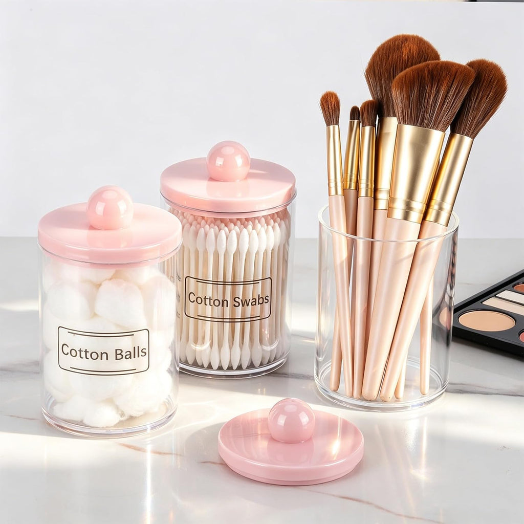 Tbestmax Qtip Holder Bathroom Canisters, 10 oz Bathroom Jars with Pink Lids for Cotton Ball Swab Pad Storage Dispenzer - Pack of 4