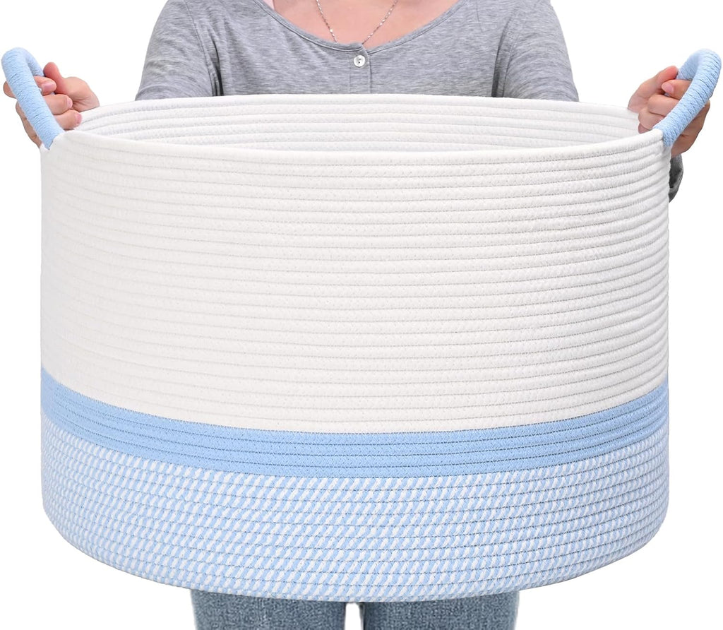 67L Large Blanket Basket, 20"x13" Blanket Basket Living Room, Woven Baskets With Handle, Toy Baskets for Blankets, Nursery, Dog, Pillow, Gift (White & Blue)