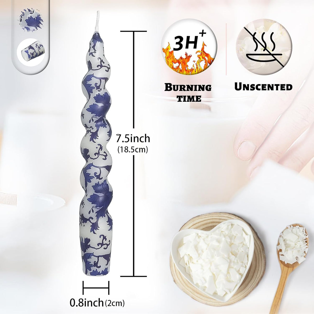 Unscented Floral Taper Candle Spiral Candlesticks - Set of 2 Blue and White Handmade Twisted Candle 7.5 Inch Short Candle Sticks Print Tapered Candles for Home Wedding Dinner Gifts