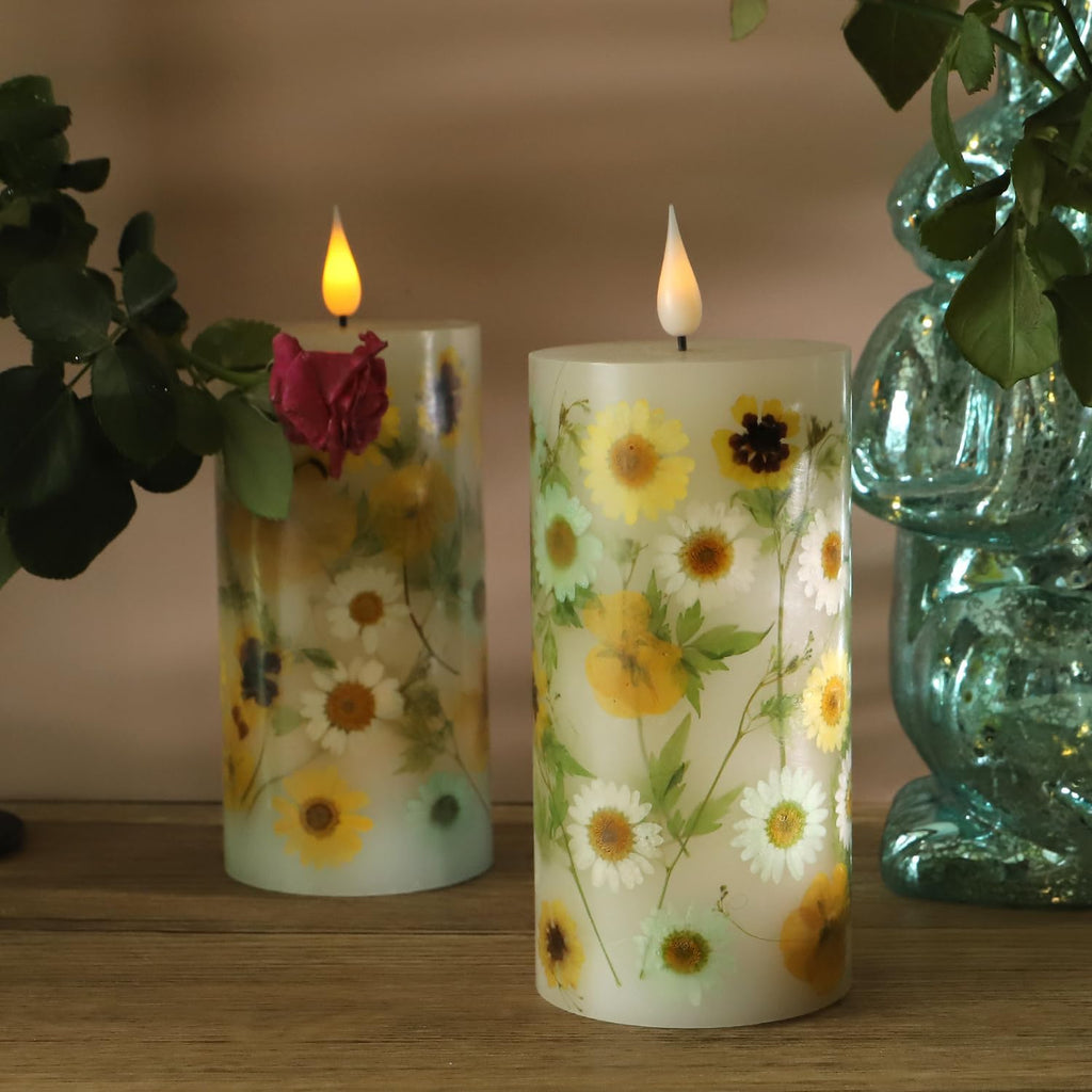 Spring Flameless Candles 3"x6" Real Wax LED Pillar Candles Real Daisy Floral Battery Operated with Remote Timer Flickering Candles Decor for Easter Mothers Day Home Table Mantel Indoor Decor