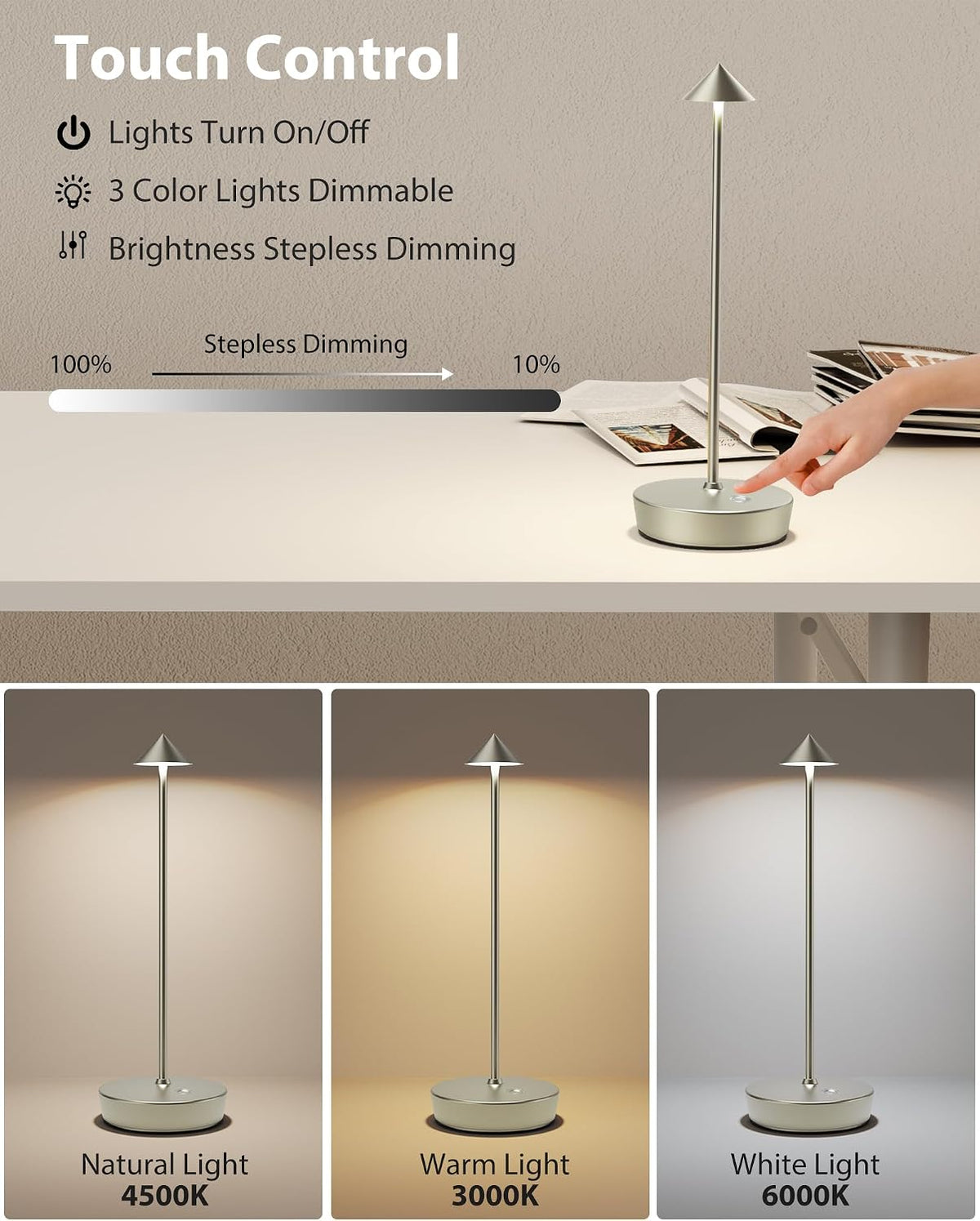 LED Cordless Table Lamps Rechargeable 6000mAh Battery Operated Desk Lamp