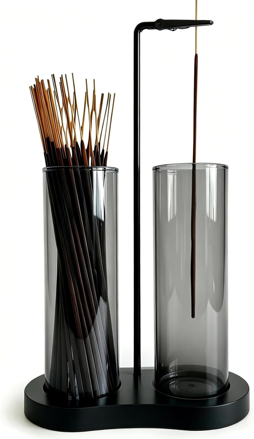 Gray Glass Incense Holder, Black Incense Sticks Burner Holder with Storage,Hang Upside Down Incense Holder for Sticks with Glass Ash Catcher for Meditation Yoga Spa Room Decor (Gray)