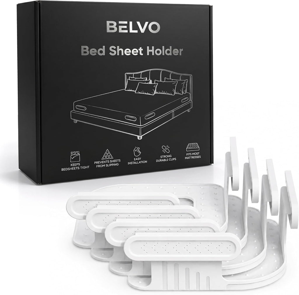 Belvo Bed Sheet Holder Straps with Lock – Bed Sheet Holders for Corners, Fitted Sheet Clips & Fasteners, Keeps Sheets Tight & Secure, Adjustable Sheet Grippers for Twin Full Queen King Beds – White