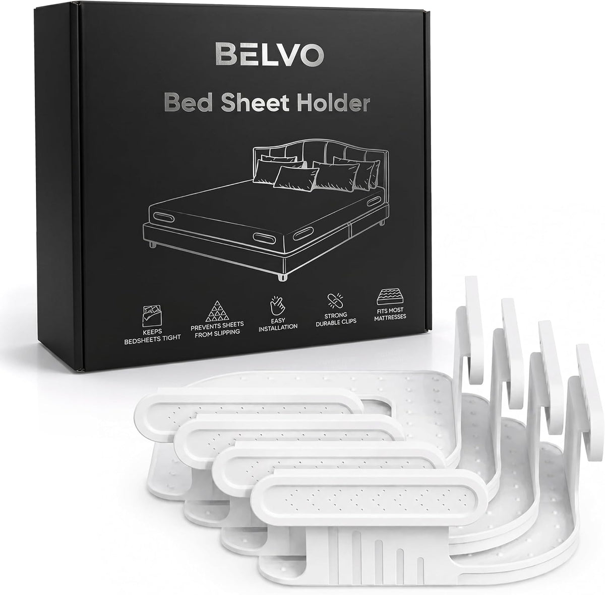 Belvo Bed Sheet Holder Straps with Lock – Bed Sheet Holders for Corners, Fitted Sheet Clips & Fasteners, Keeps Sheets Tight & Secure, Adjustable Sheet Grippers for Twin Full Queen King Beds – White