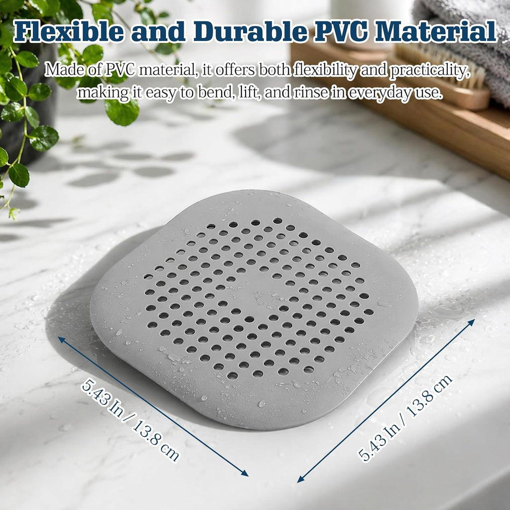 4-Pack Grey Silicone Shower Drain Hair Catchers, Square Drain Covers with Suction Cups, Easy-Clean Hair Stopper for Bathroom, Bathtub, Laundry, and Kitchen Sink