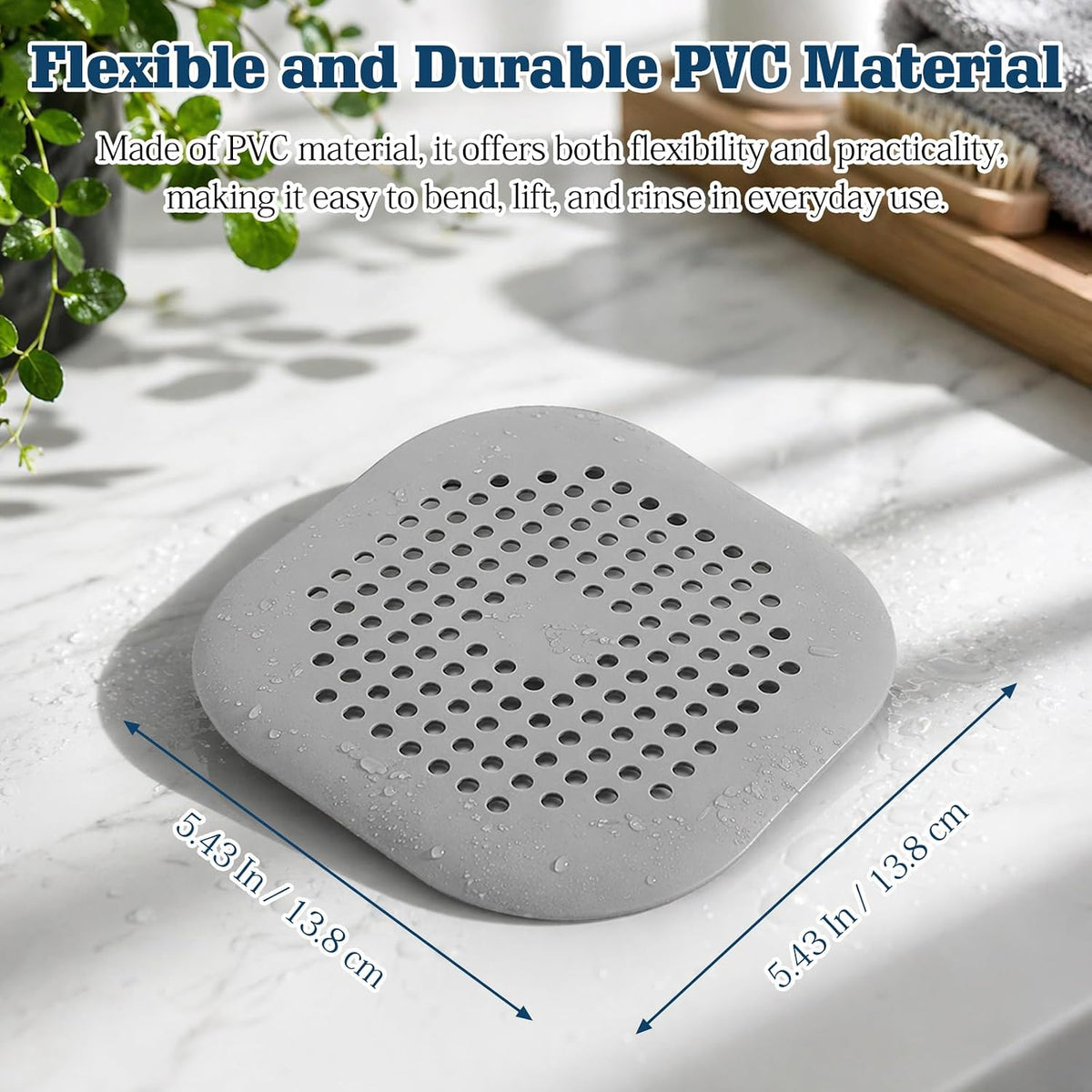 4-Pack Grey Silicone Shower Drain Hair Catchers, Square Drain Covers with Suction Cups, Easy-Clean Hair Stopper for Bathroom, Bathtub, Laundry, and Kitchen Sink