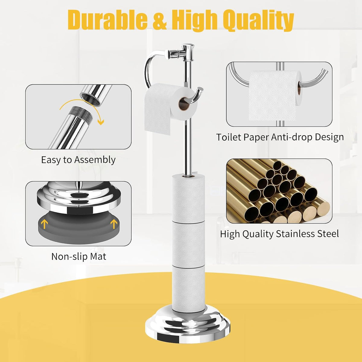 BESy Toilet Paper Holder Floor Stand, Bathroom Freestanding Chrome