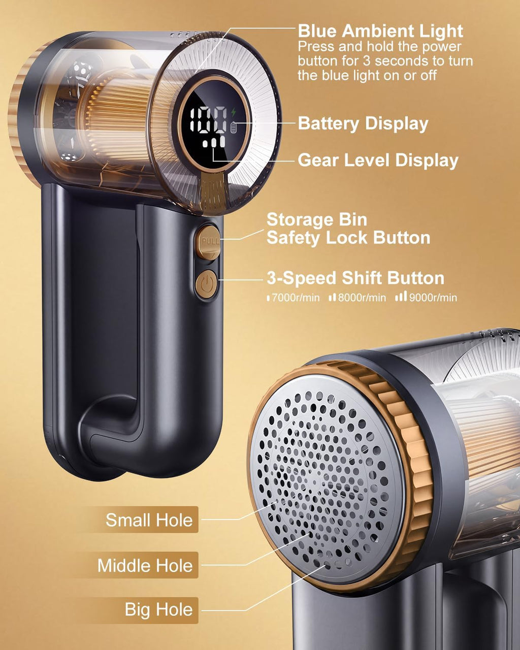 2-in-1 Rechargeable Fabric Shaver, 3 Extra Blades, 3-Speed Lint Remover Sweater Shaver with Digital LED Display, Sweater Shavers to Remove Pilling, Lint Shaver for Clothing & Furniture-Gold