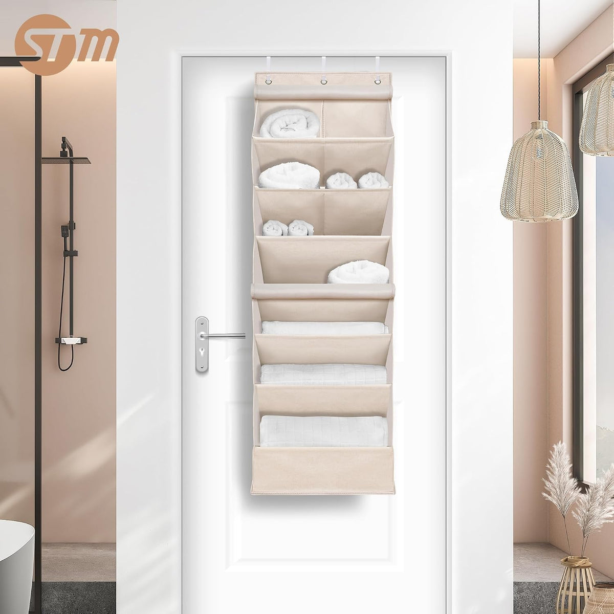 STORAGE MANIAC Over the Door Shoe Organizer with Curtain Dustproof Heavy-Duty Large Deep Pocket Hanging Shoe Organizer for Closet Dorm & Narrow Door Storage Shoe Holder Shoe Rack, 7-Shelf Beige 1 Pack